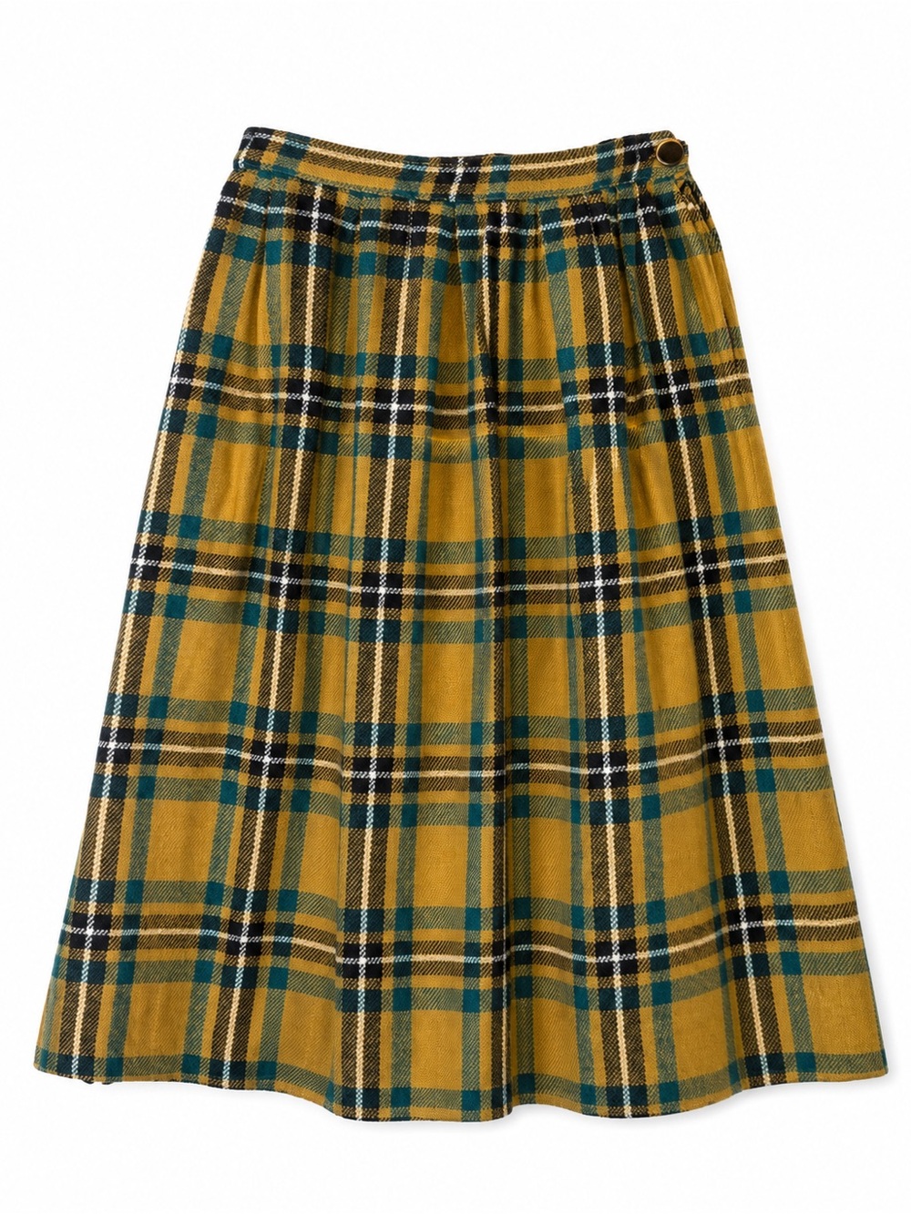 Plaid Wool Blend Midi Skirt Mustard Teal High Waist Cottagecore Vntg Handmade - Picture 2 of 11